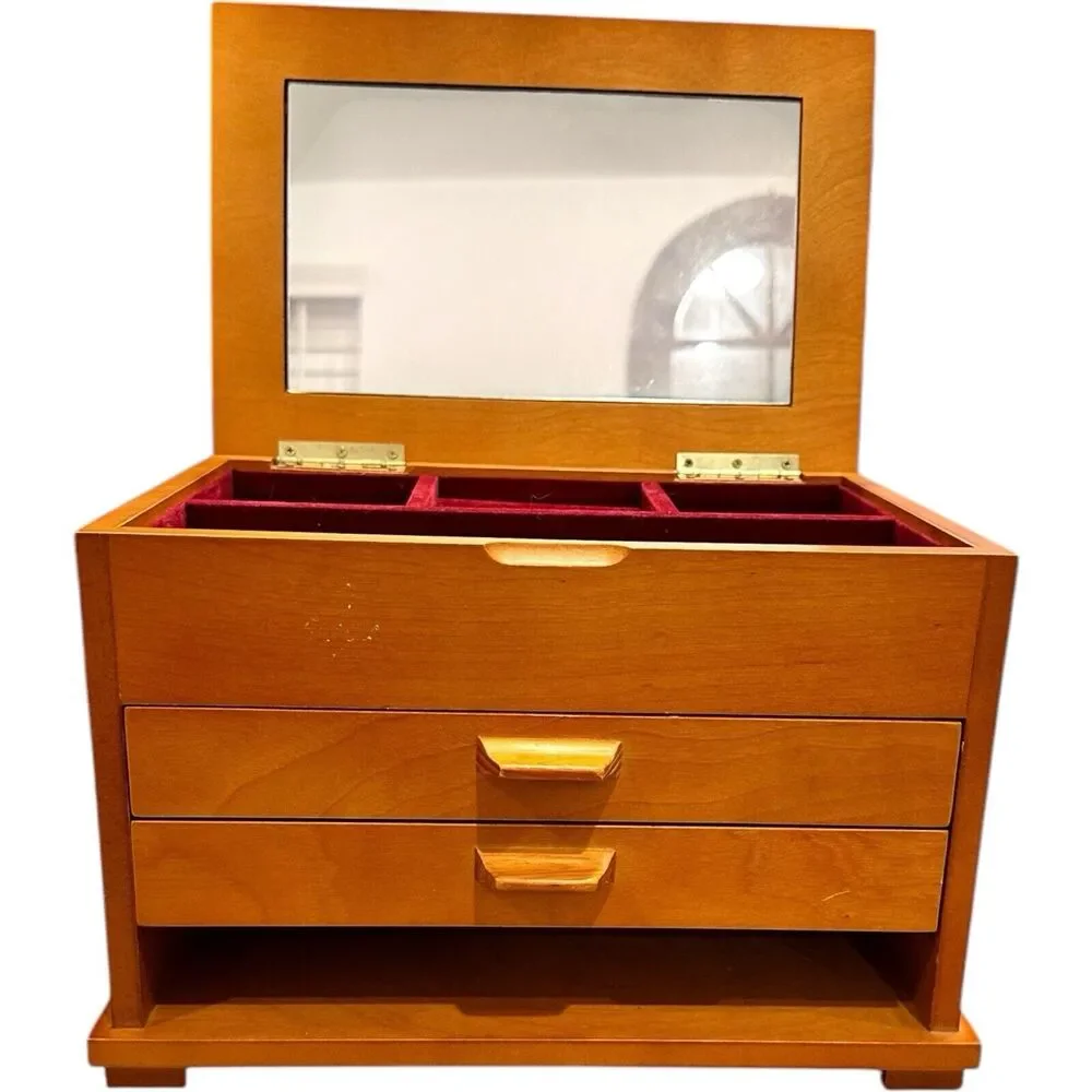 JEWELRY BOX BIRCH WOOD FELT LINED TWO DRAWER HINGED LID COMPARTMENT MIRROR